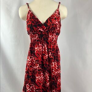 She's Cool Red Abstract Floral Artsy Spaghetti Strap Baby Doll Maxi Dress Size M